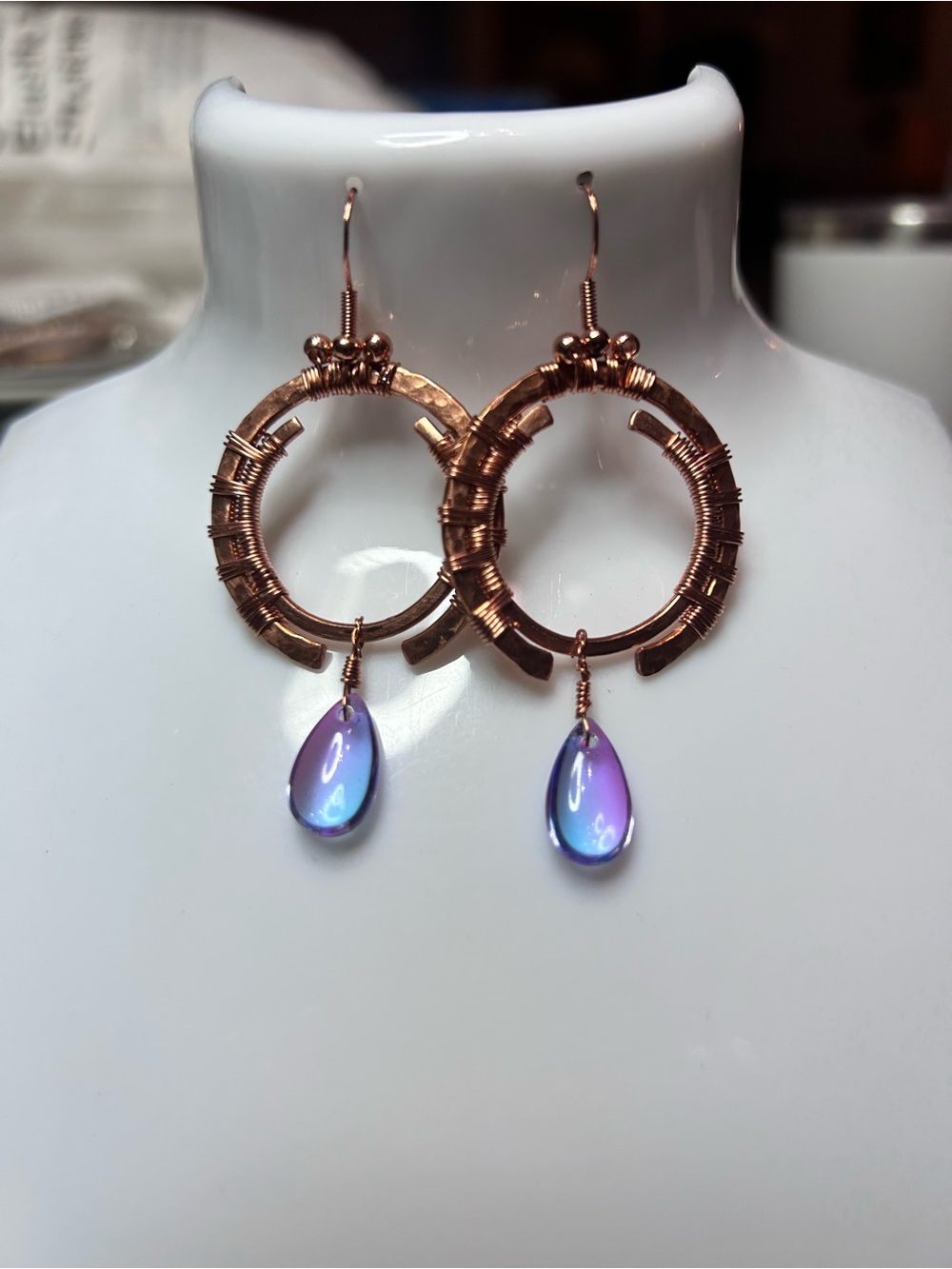 Copper Hoop Earrings with Iridescent Purple-Blue Teardrops